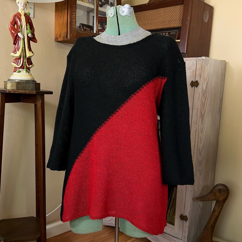 Vintage Red and Black Asymmetrical color block Linen Knit Sheer Mesh Top - Picture 8 of 8